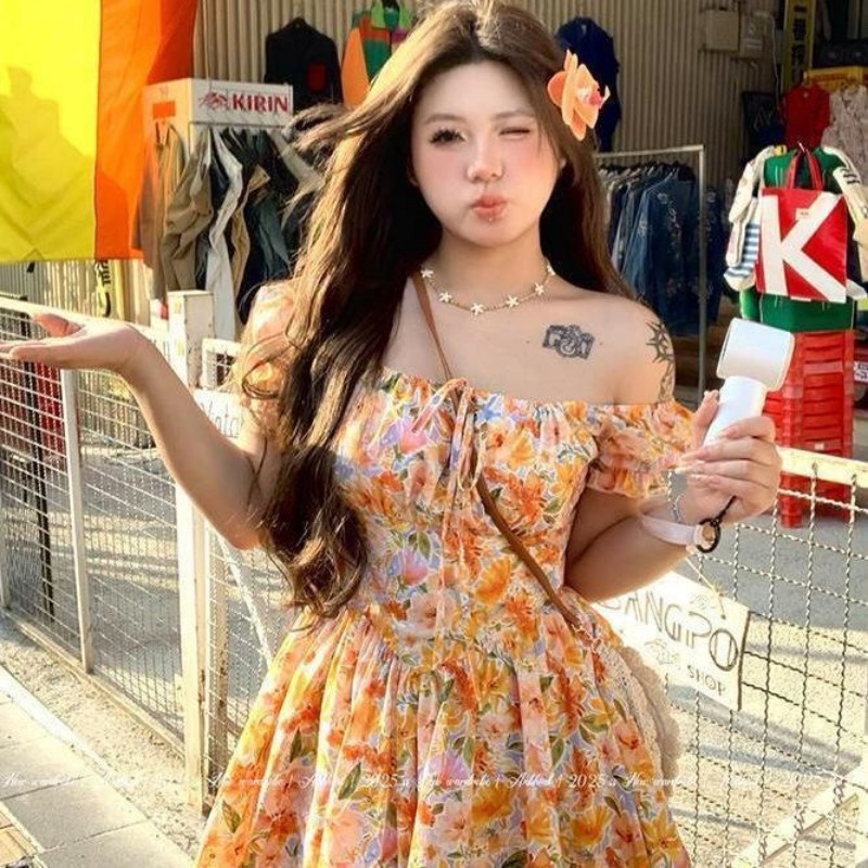 Robe courte à imprimé floral o - Off Shoulder Puff Sleeve Sundress avis et prix