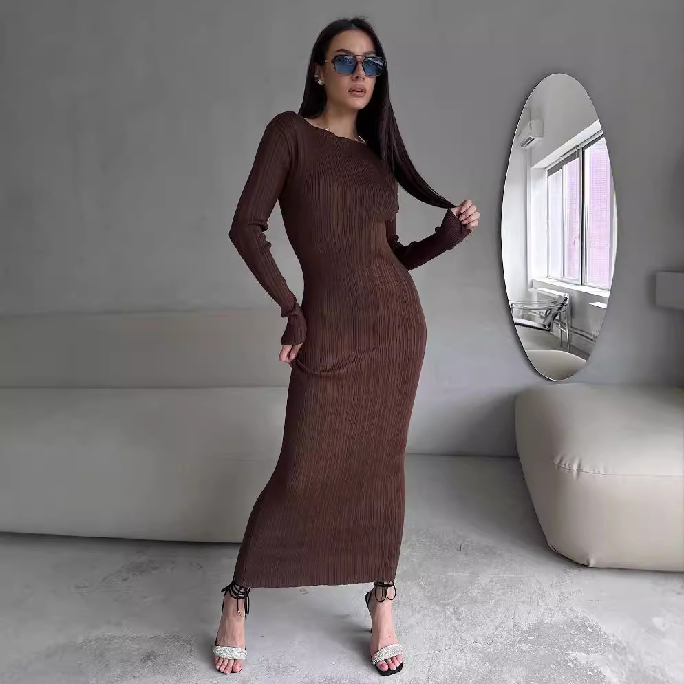 Robe longue moulante élégante  - Bodycon Long Sleeve Ribbed Dress avis et prix