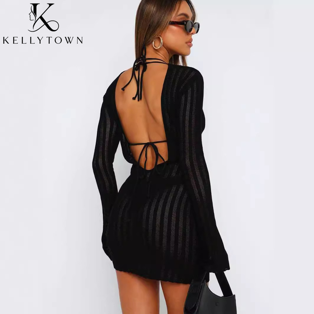 Robe dos nu sexy en maille côt - Bodycon Long Sleeve Ribbed Dress avis et prix