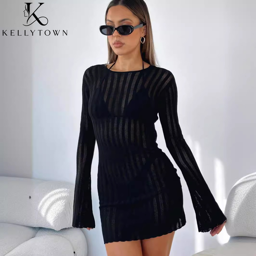 Robe dos nu sexy en maille côt - Bodycon Long Sleeve Ribbed Dress avis et prix
