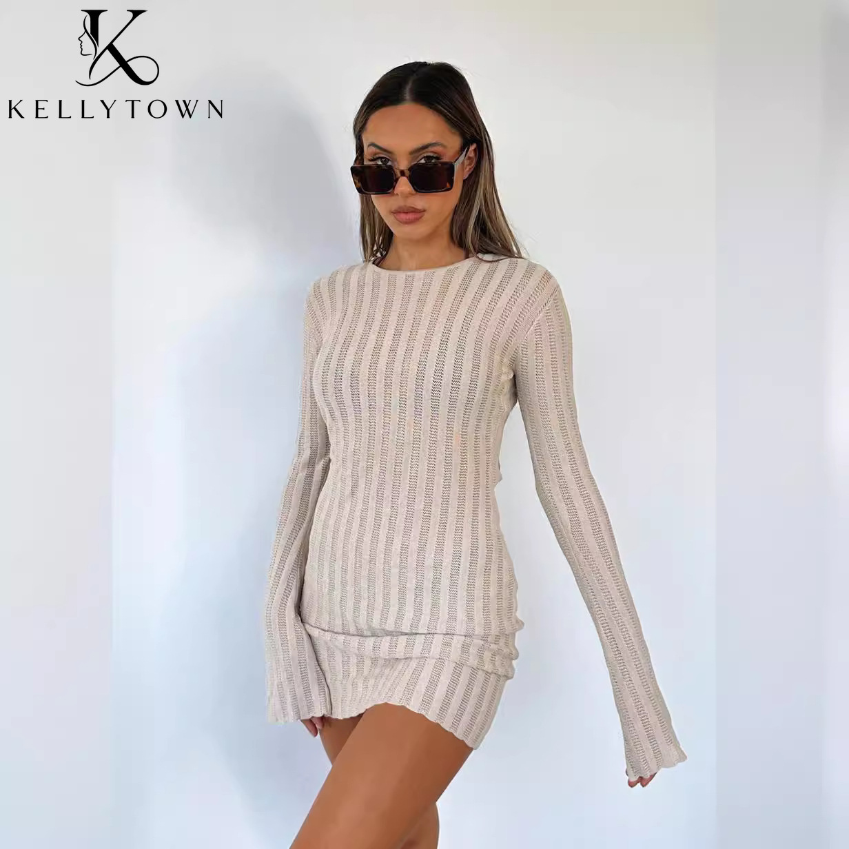 Robe dos nu sexy en maille côt - Bodycon Long Sleeve Ribbed Dress avis et prix