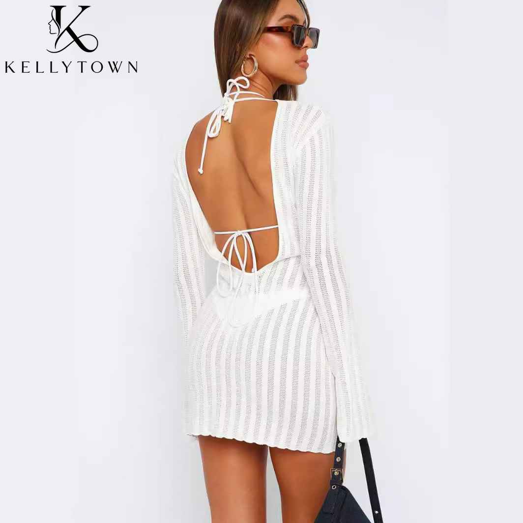 Robe dos nu sexy en maille côt - Bodycon Long Sleeve Ribbed Dress avis et prix
