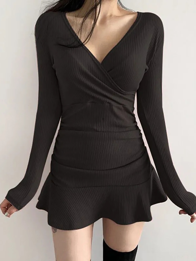 AOSSVIAO-Robes mi-longues noir - Bodycon Long Sleeve Ribbed Dress avis et prix