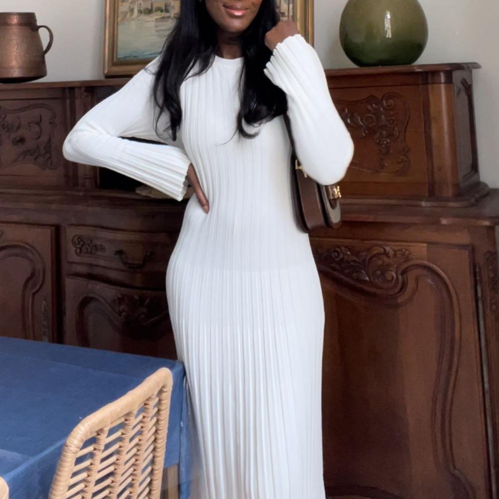 Robe longue en maille côtelée  - Bodycon Long Sleeve Ribbed Dress avis et prix