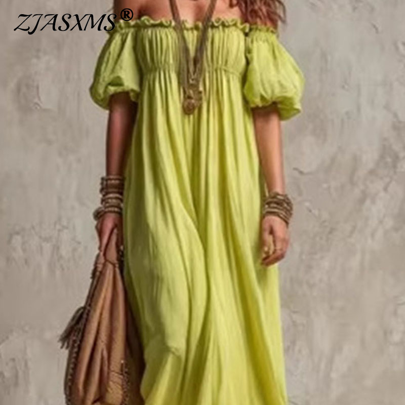 Robe longue décontractée pour  - Off Shoulder Puff Sleeve Sundress avis et prix