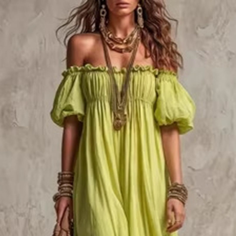 Robe longue décontractée pour  - Off Shoulder Puff Sleeve Sundress avis et prix