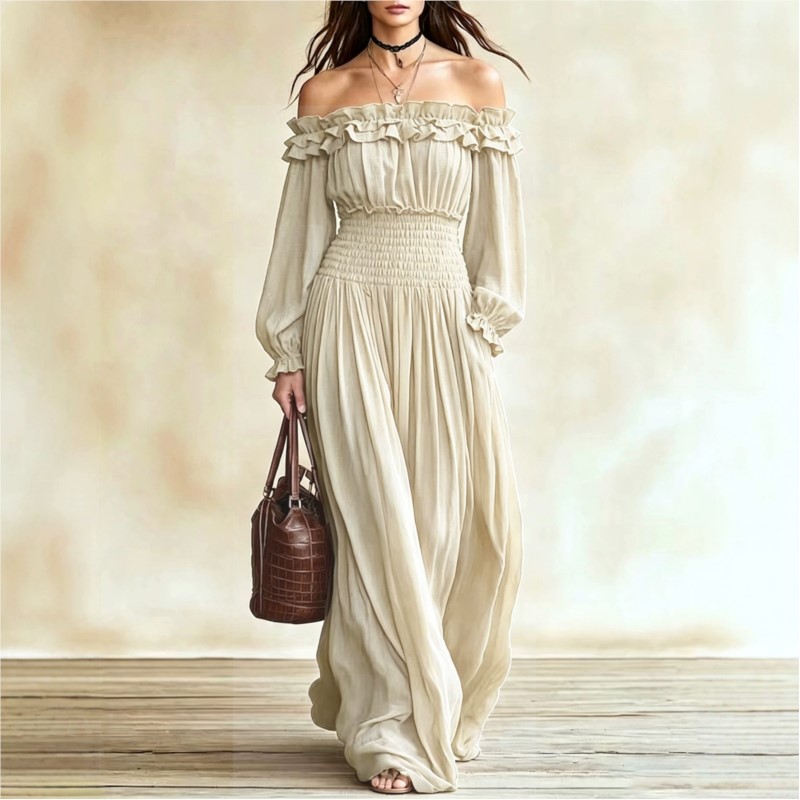 Robe longue à épaules dénudées - Off Shoulder Puff Sleeve Sundress avis et prix