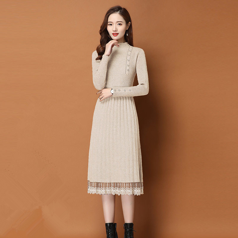 Dentelle ourlet boutons femmes - Bodycon Long Sleeve Ribbed Dress avis et prix