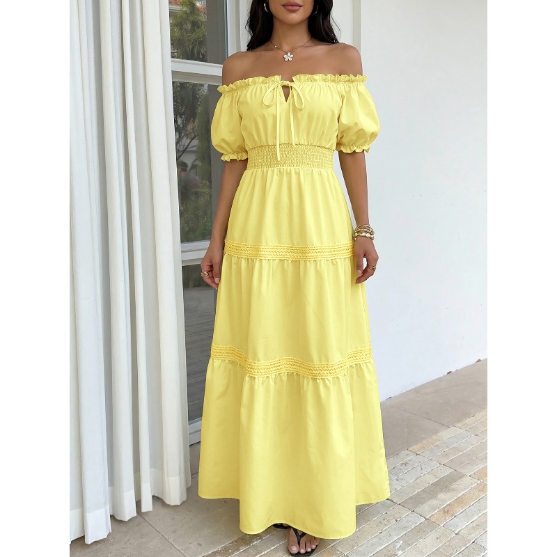 Robe longue d'été bohème jaune - Off Shoulder Puff Sleeve Sundress avis et prix