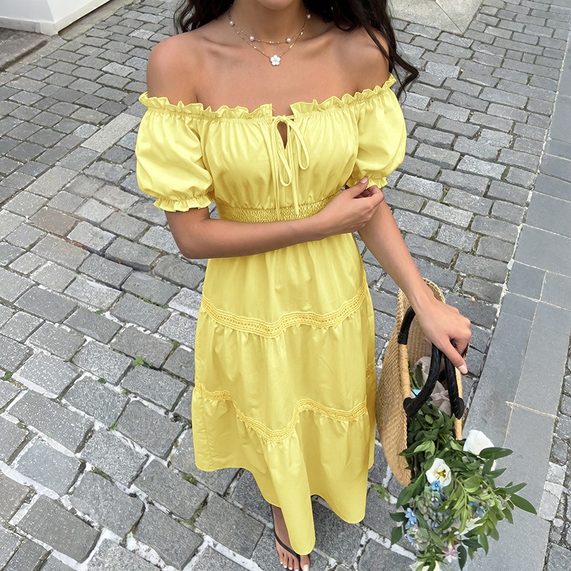 Robe longue d'été bohème jaune - Off Shoulder Puff Sleeve Sundress avis et prix
