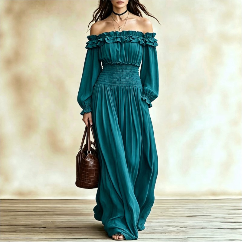 Robe longue plissée épaules dé - Off Shoulder Puff Sleeve Sundress avis et prix