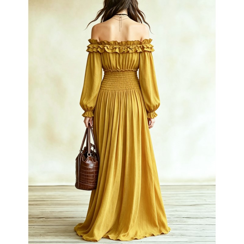 Robe longue plissée épaules dé - Off Shoulder Puff Sleeve Sundress avis et prix