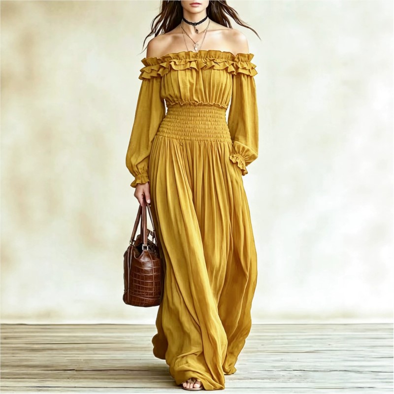Robe longue plissée épaules dé - Off Shoulder Puff Sleeve Sundress avis et prix