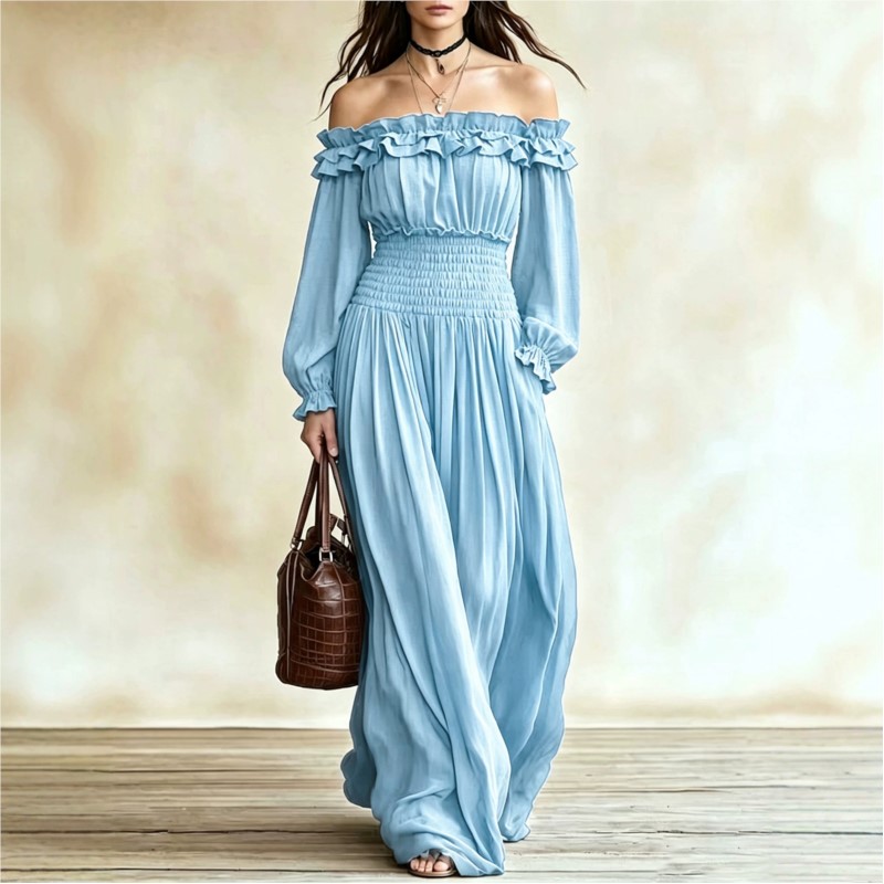 Robe longue plissée épaules dé - Off Shoulder Puff Sleeve Sundress avis et prix