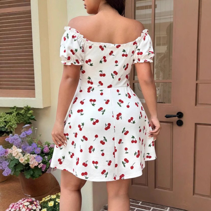 Robe d'été pour femme à imprim - Off Shoulder Puff Sleeve Sundress avis et prix