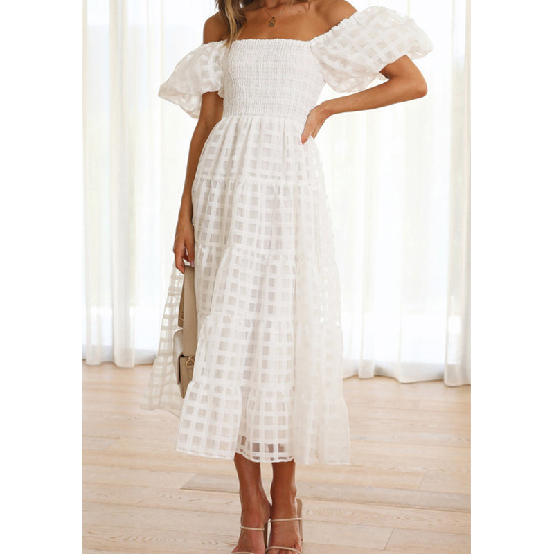 Robe longue d'été élégante pou - Off Shoulder Puff Sleeve Sundress avis et prix