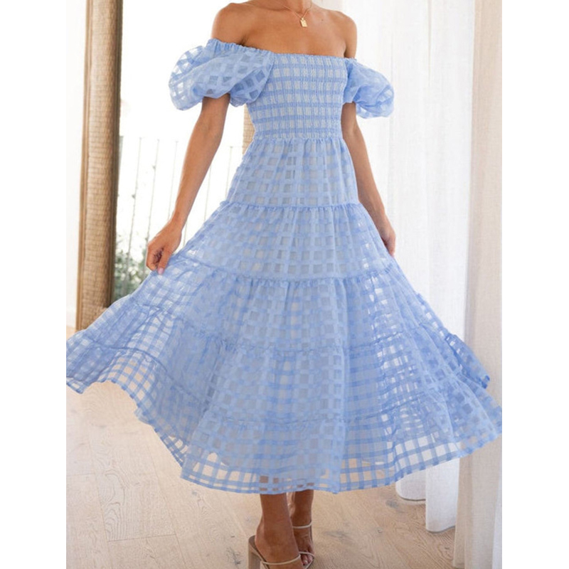 Robe longue d'été élégante pou - Off Shoulder Puff Sleeve Sundress avis et prix