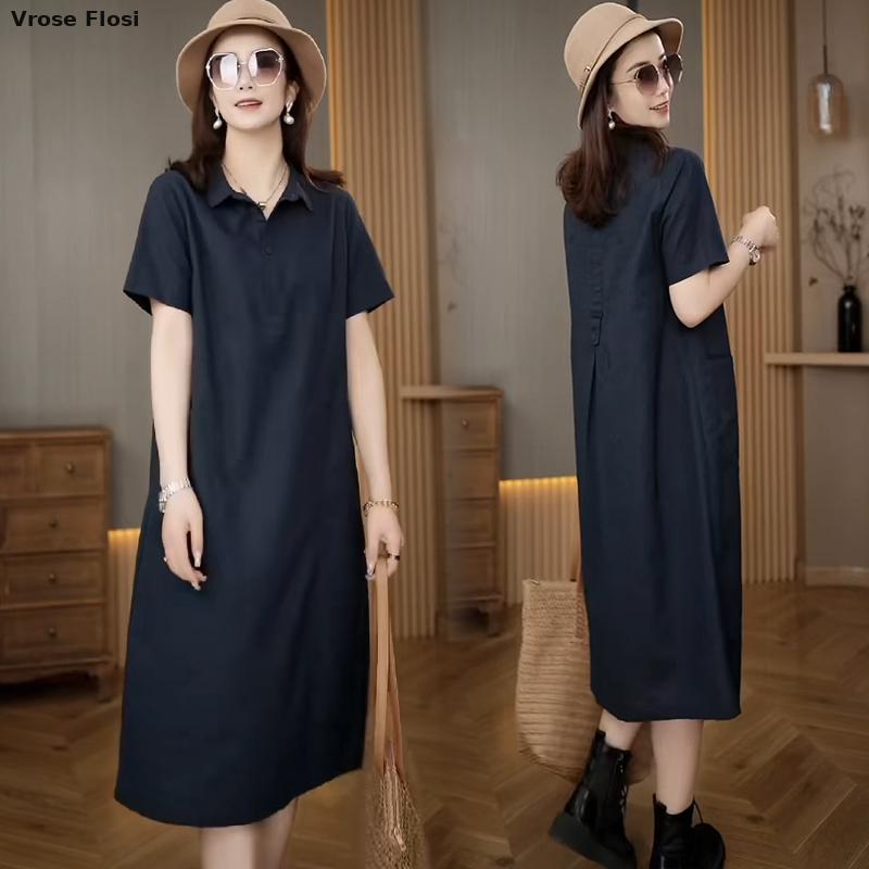 Robe en lin à manches courtes  - Casual Loose Linen Shirt Dress avis et prix