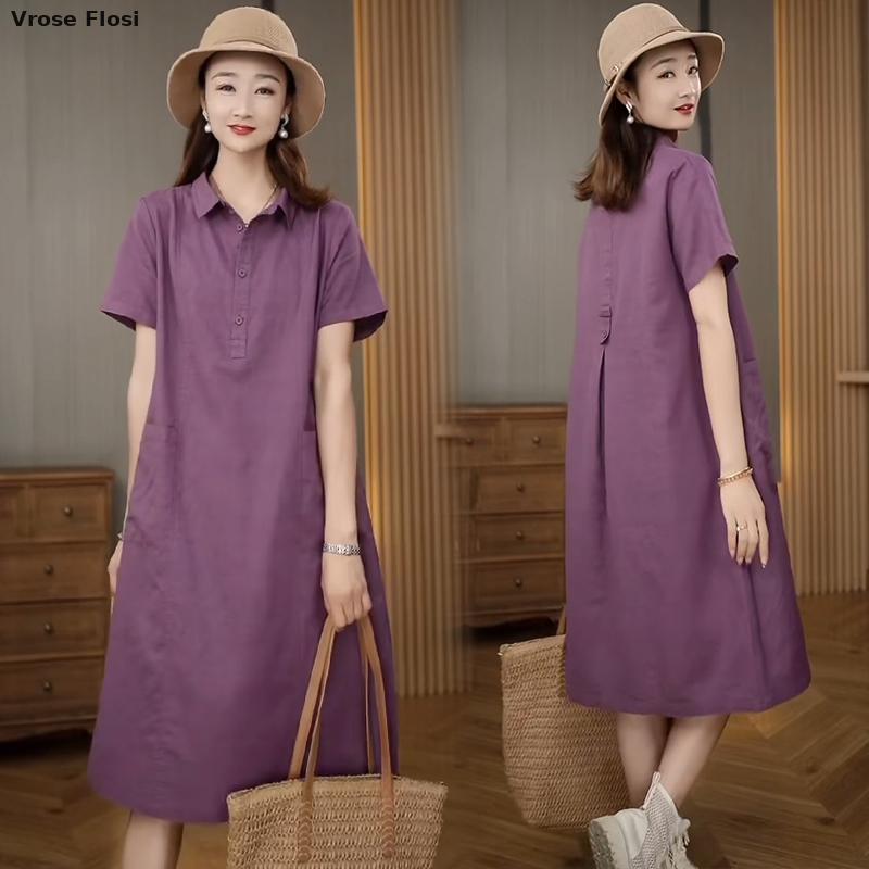 Robe en lin à manches courtes  - Casual Loose Linen Shirt Dress avis et prix